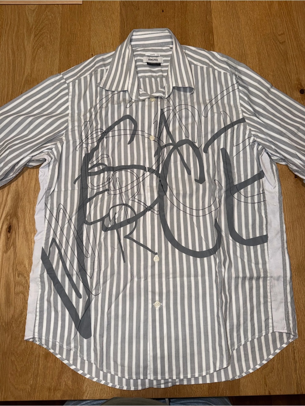 Versace Gray & White Striped Graphic Button-Down Shirt